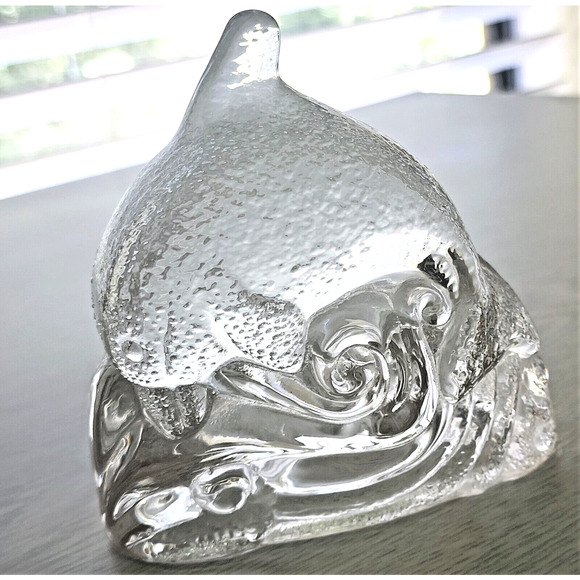 GLASS TEA LIGHT-PARTYLITE-Dolphin Jumping Over Wave-Clear Glass - Picture 2 of 8